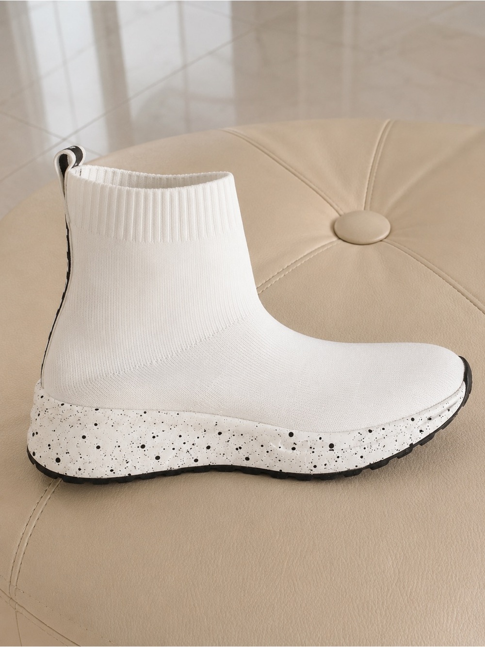 Outwoods White Knit Sock Sneaker Boot with Speckled Sole